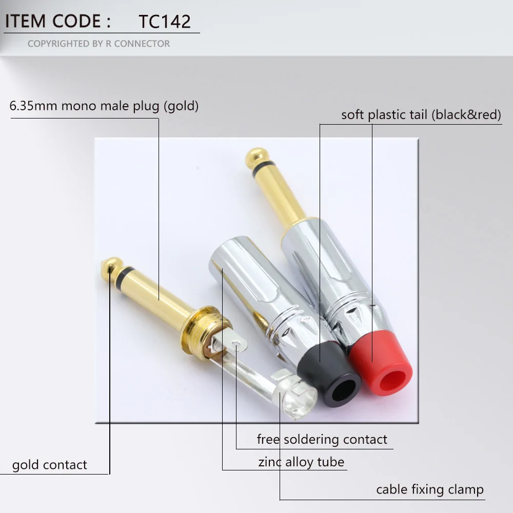 2PCS Mono 6.35MM Jack 6.3MM Male Plug Soldering Wire Connector Brass Gold Plated 1/4 Inch Microphone Plug