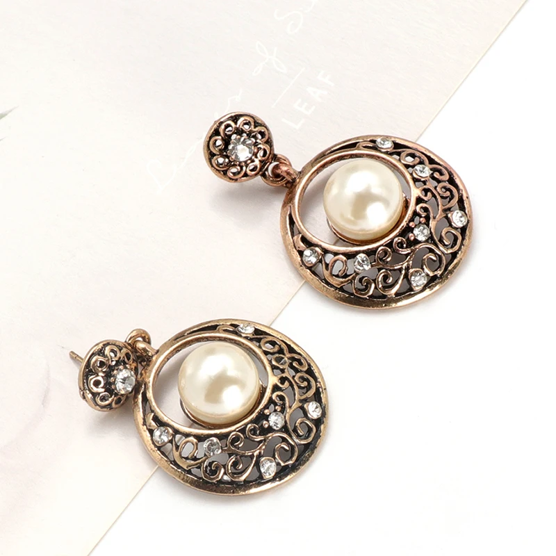 Wbmqda Fashion Turkish Pearl Earring For Women Antique Gold Color Accessories Shiny Crystal Flower Party Earring Vintage Jewelry