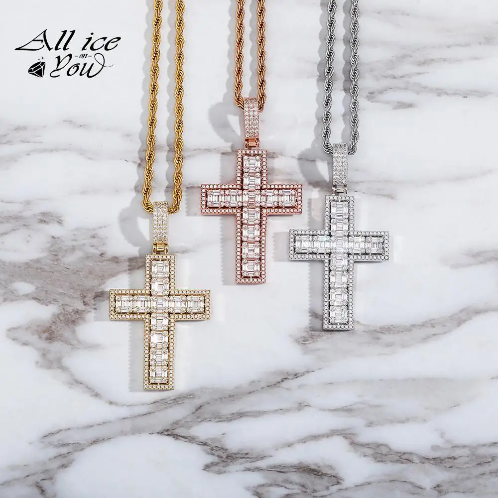 ALLICEONYOU New High Quality Iced Out Cubic Zircon Fashion Cross Crystal  Pendant&Necklace Hip Hop Fashion Jewelry FemaleGift