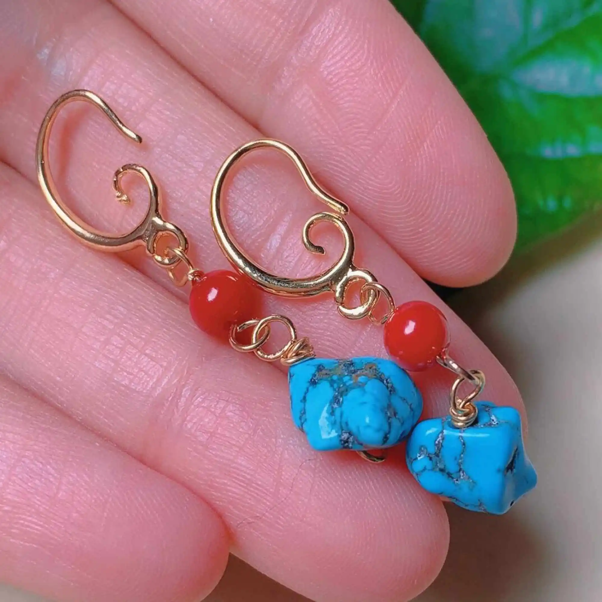 Natural Blue Turquoise red beads eardrop 18k gold Earrings Wedding Gift Diy Beautiful Freshwater New Jewelry