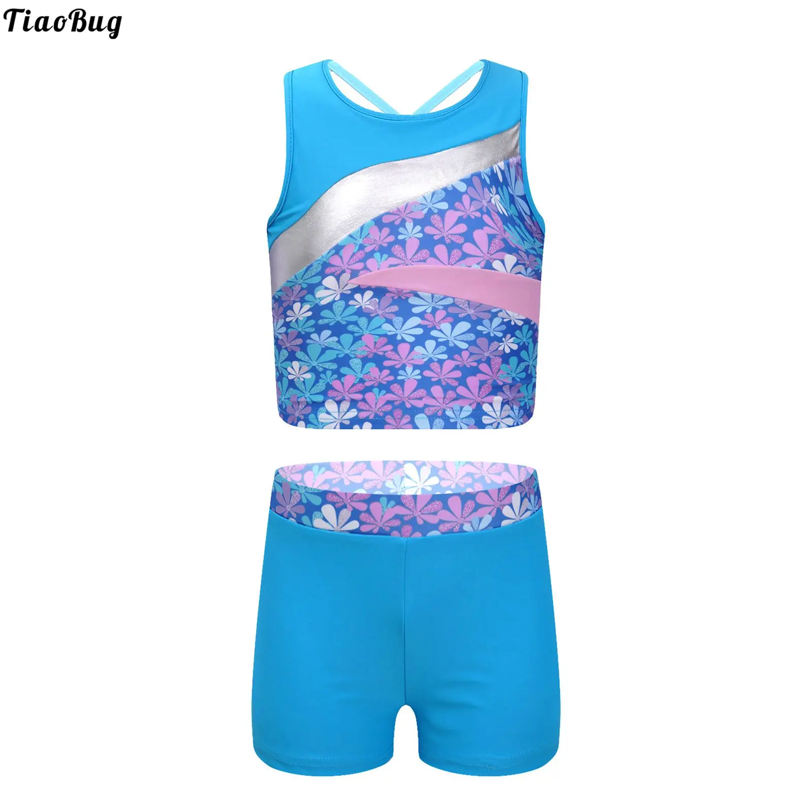 

TiaoBug Summer 2Pcs Kids Girls Round Neck Straps Cross At Rear Print Tops And Shorts Set Beach Swimming Bathing Pool Swimwear