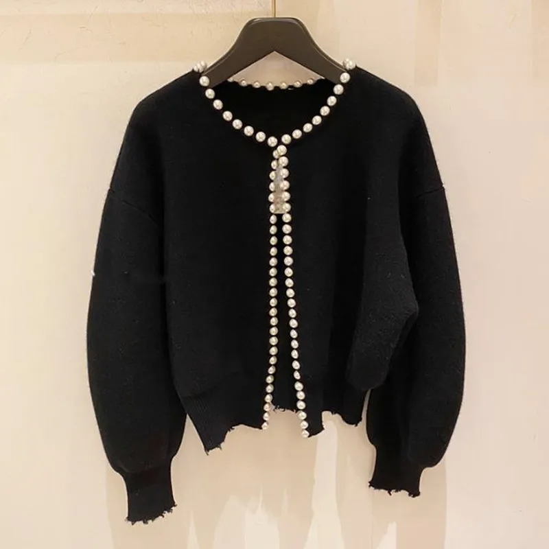 Cardigan en laine avec perles pour femme, manteau en tricot, vêtements d\'extérieur vintage, automne et hiver