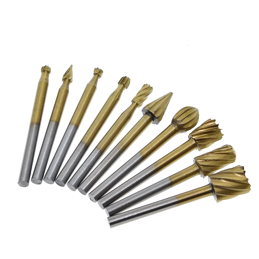 10 Pieces 1/8 HSS Routing Router Drill Bits Set Dremel Carbide Rotary Burrs Tools Wood Stone Metal Root Carving Milling Cutter