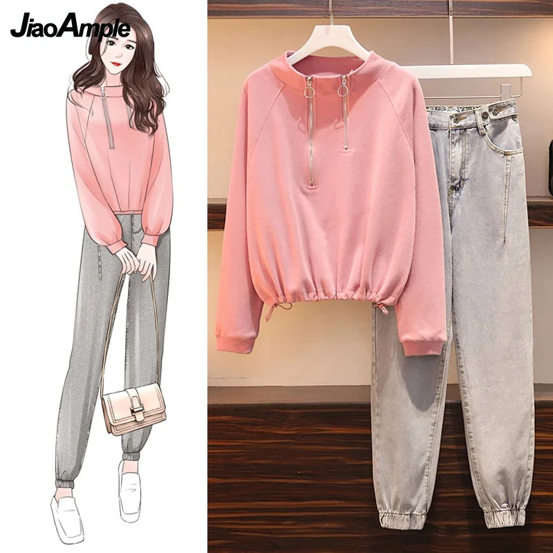 Fall Clothes for Women Korean Fashion Casual Sweatshirt Tops+Jeans 2 Pieces Sets Lady Outfits Tracksuit Female Denim Trousers