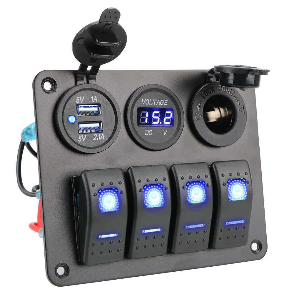 Interior Accessories 4 Gang LED Rocker Switch Panel Dual USB Port Aluminum Panel Circuit Breaker Digital Voltmeter