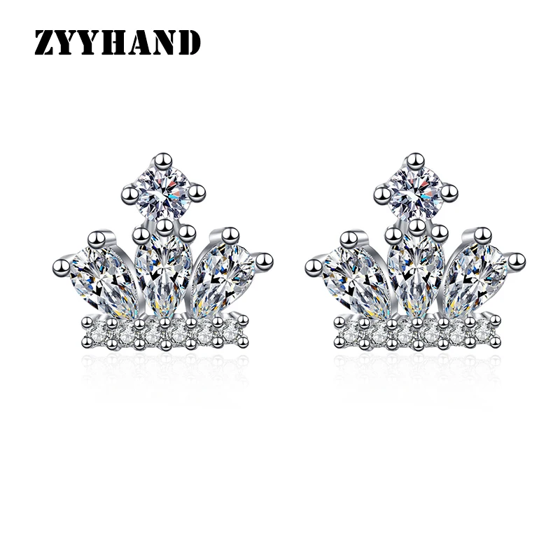 Pendiente de tuerca de corona de piedra limpia chapada en platino para mujer, joyería de boda de lujo de circonia cúbica de Color plateado, estilo real para niña