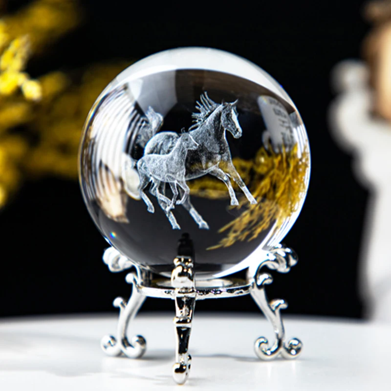 H & D 3D Crystal Ball przycisk do papieru 60mm grawerowany laserem szklany koń kula wyświetlacz medytacja piłka Fengshui Home Decor z podstawą