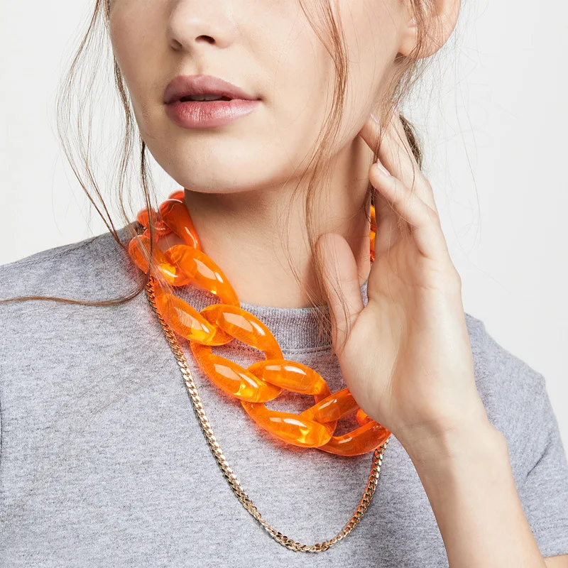 Oświadczenie przezroczysty Neon zielony akrylowy długi łańcuszek Choker naszyjnik dla kobiet kołnierz długi łańcuszek naszyjniki biżuteria