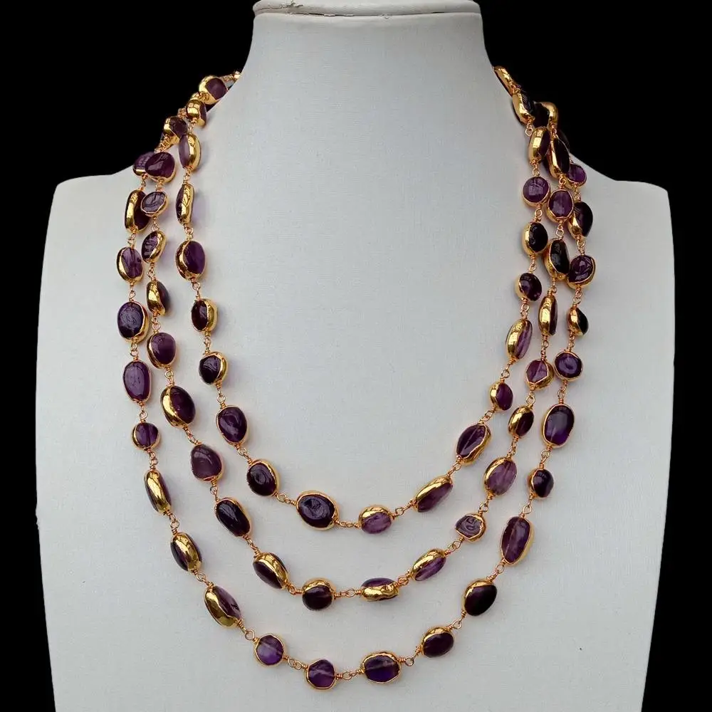 Y.YING 3 Strands Natural Amethyst Freeform With Electroplated wrap Necklace  18