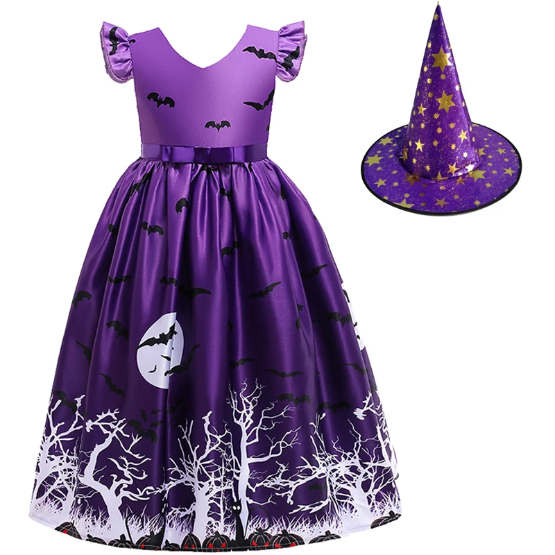 2024 New Halloween Pattern Girls Dress Kids Carnival Party Costume Pumpkin Witch Cosplay Princess Dress 5 6 7 8 9 10 11 12 Year