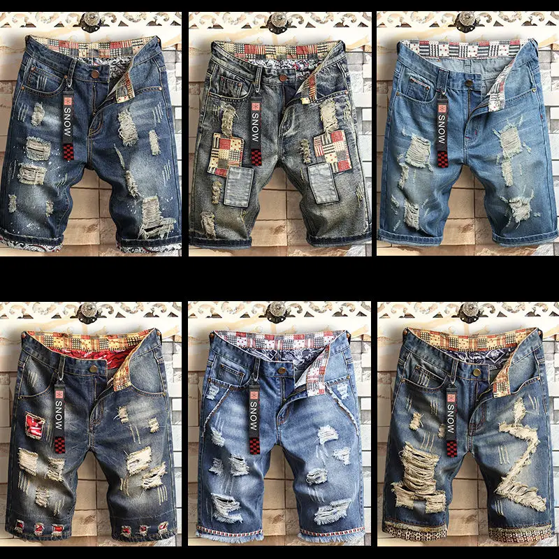 

High-quality summer irregular ripped denim shorts trendy loose straight-legged personality pants big large size to 40 pants