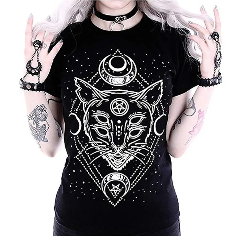 

Fashion Women Gothic T-shirt Galaxy Moon Print Short Sleeve Cat Print Black Loose Punk Tops Casual T-Shirt