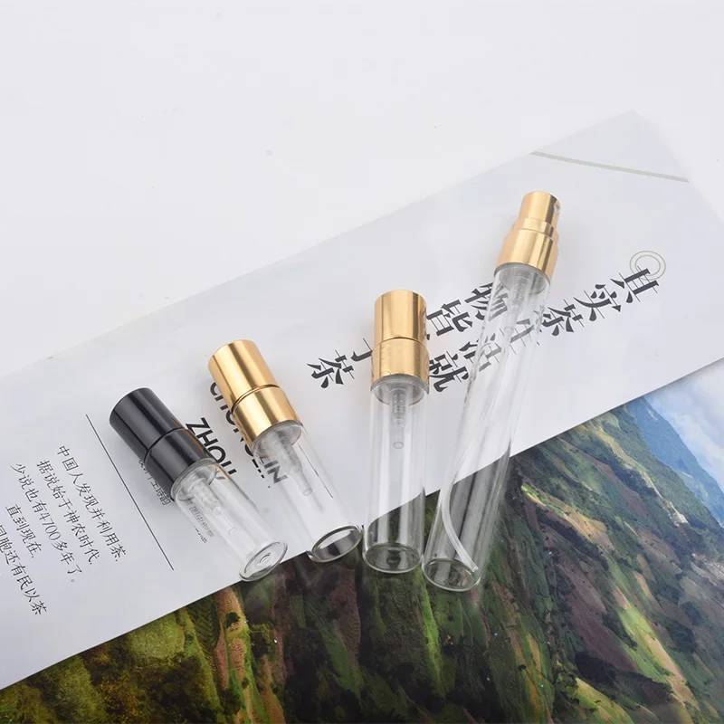 100 sztuk 2ml 3ml 5ml 10ml Atomizer szklany butelka wielokrotnego napełniania Colorfull aluminium cap perfumy w sprayu butelki butelki podróżne