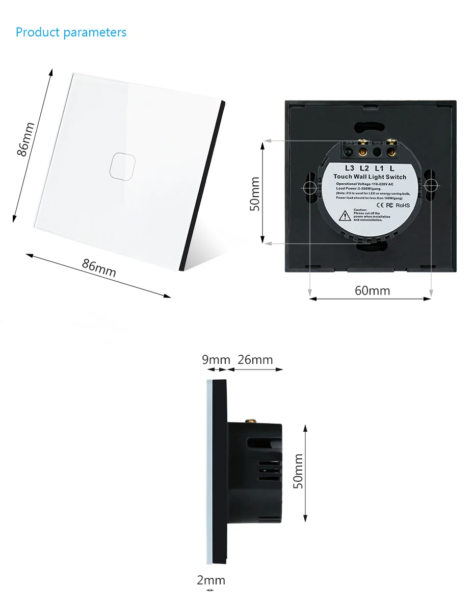 Minitiger EU/UK Standard AC 220-250V White Luxury Glass Panel 2 gang 1 way Touch Wall Sensor Light Switch