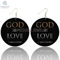 SOMESOOR God Is Love Christian Wooden Drop Earrings I Love Jesus Bible Sayings Both Sides Printed Dangle Jewelry For Women Gifts