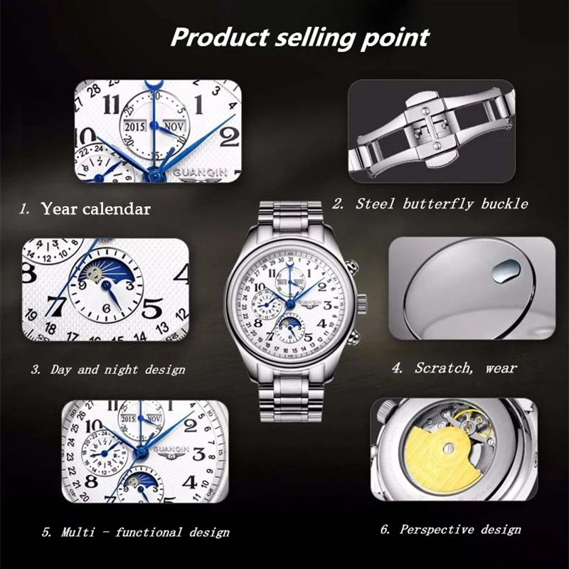 GUANQIN  Automatic Sapphire Mechanical Men Watch Waterproof Calendar Leather Wristwatch Automatic Watch  Sports Watch