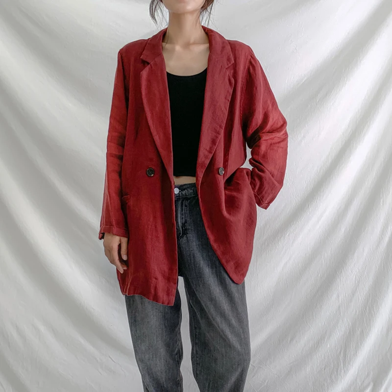 

Femmes Women Coats Suit Casual Linen Solid Blouse Jacket Coats Vintage Autumn Buttons Cardigan Oversize Red Outerwear