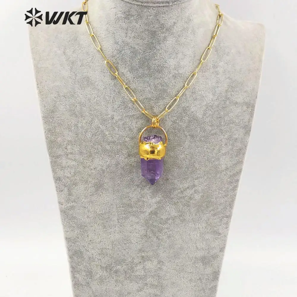 WT-N1254 WKT Wholesale Natural Stone Purple Amethyst Pendant Necklace With Gold Electroplated Chain For Female Party Jewelry