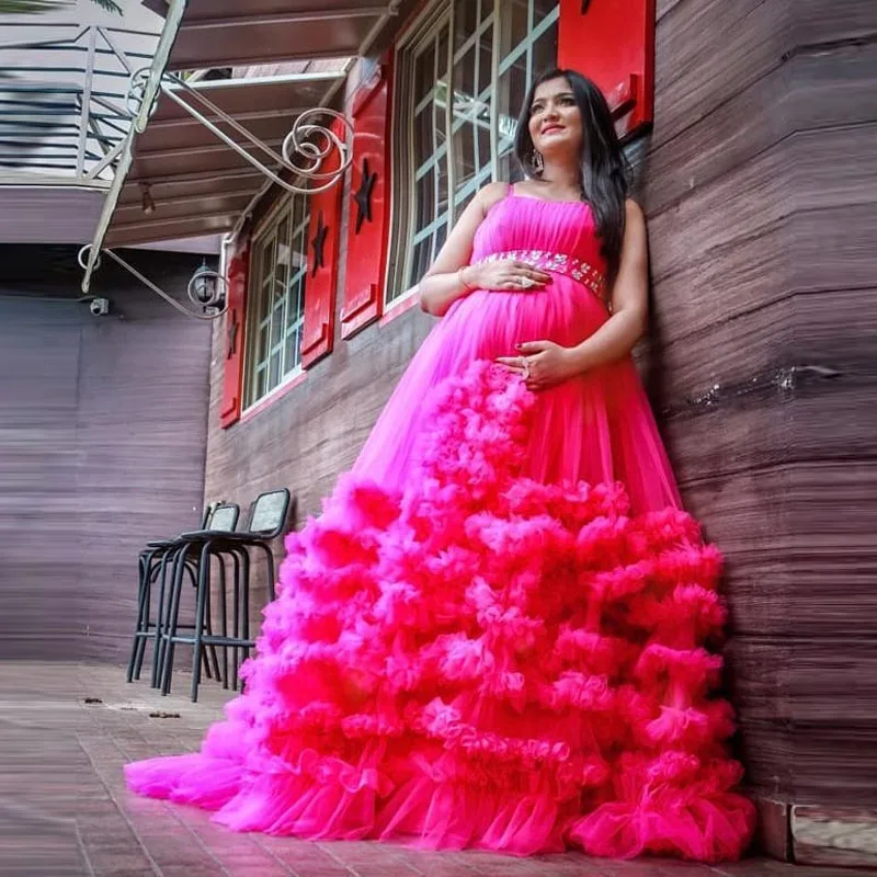 Fuchsia Ball Gown Tulle Dress For Maternity Shoot Baby Shows  Beads Sash Tiered Ruffles Tulle Robes Women Hot Pink PrincessGown