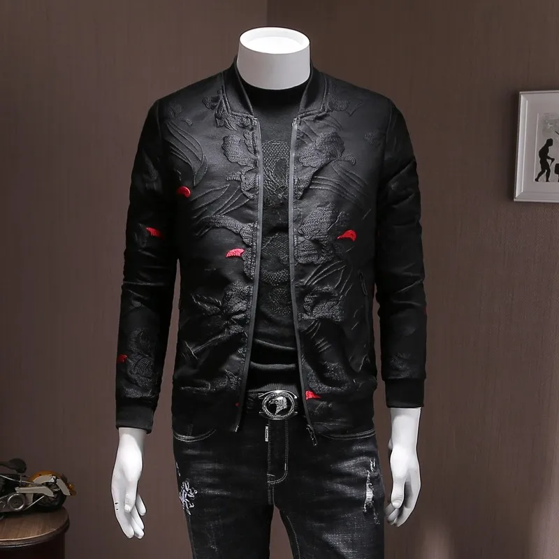 Fashion Mens Autumn Floral Embroidery Bomber Jacket Slim Fit Stand Collar Casual Outwear Coat Plus Size 5XL Streetwear Jackets