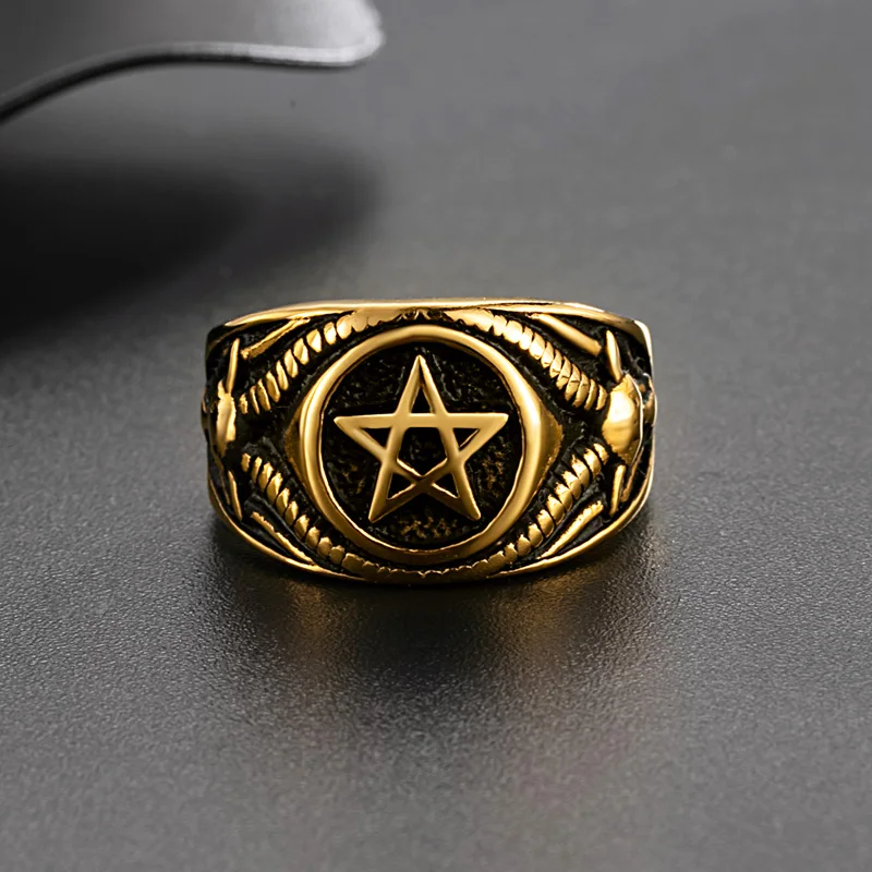 Men Stainless Steel Pentagram Rings Satan Baphomet Goat  Devil Demon Ring Vintage Jewelry Wholesale