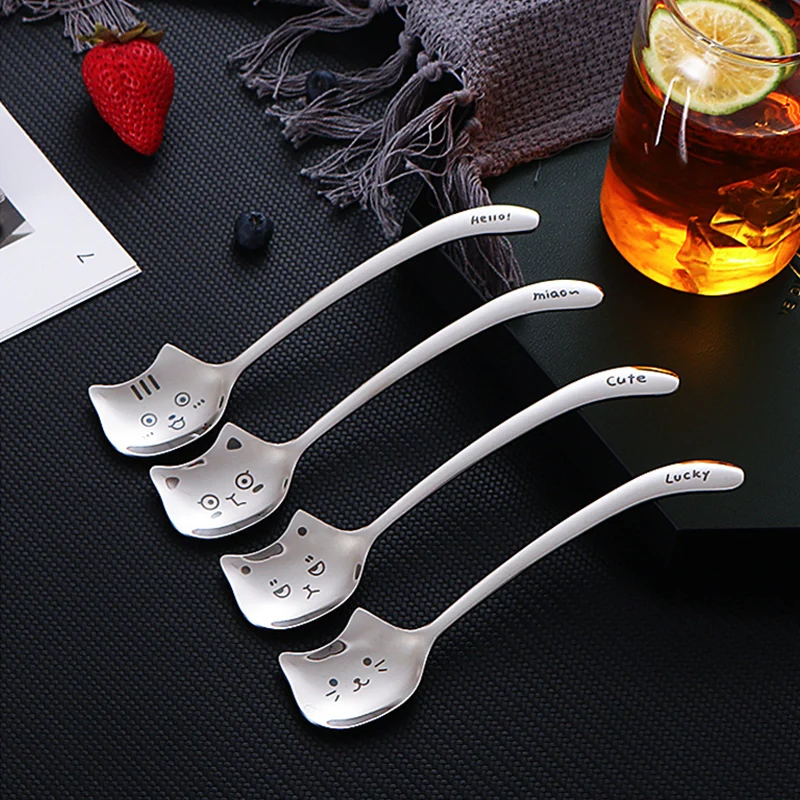 

4pcs Cute Cat Dessert Spoon 304 Stainless Steel Teaspoon For Coffee Ice Cream Laser Engraving Long Handle Flatware GiftTableware