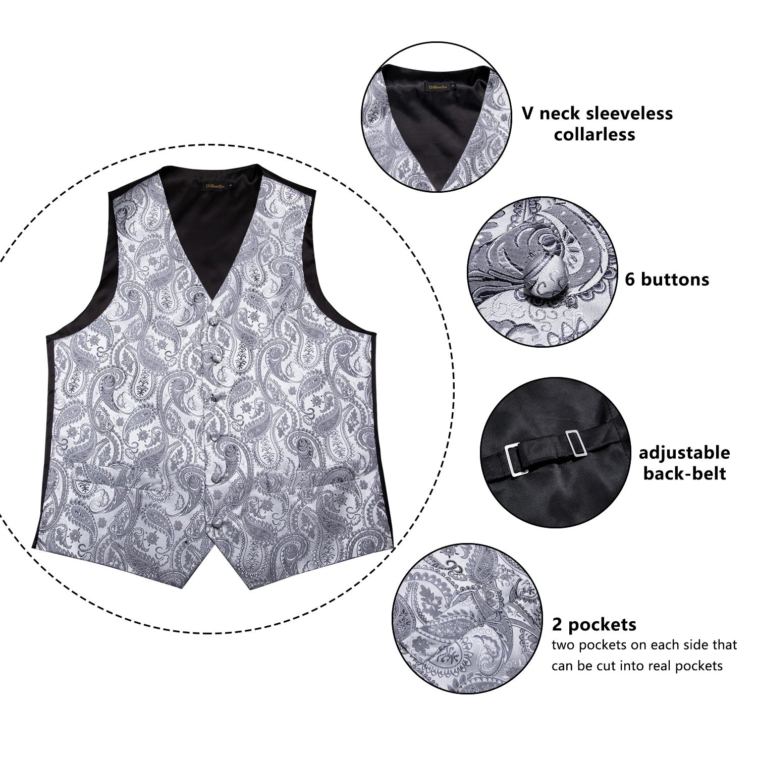 Mens Classic Silver Paisley Folral Silk Waistcoat Vests Wedding Handkerchief Necktie Suit Vest Set Sleeveless Jacket DiBanGu