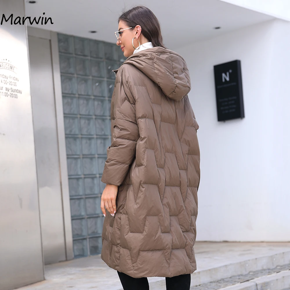 Marwin 2022 Women 90% White Duck Down Coats Light Duck Down Thick Jackets Solid High Waist Warm Casual Long Hooded Down Jacket