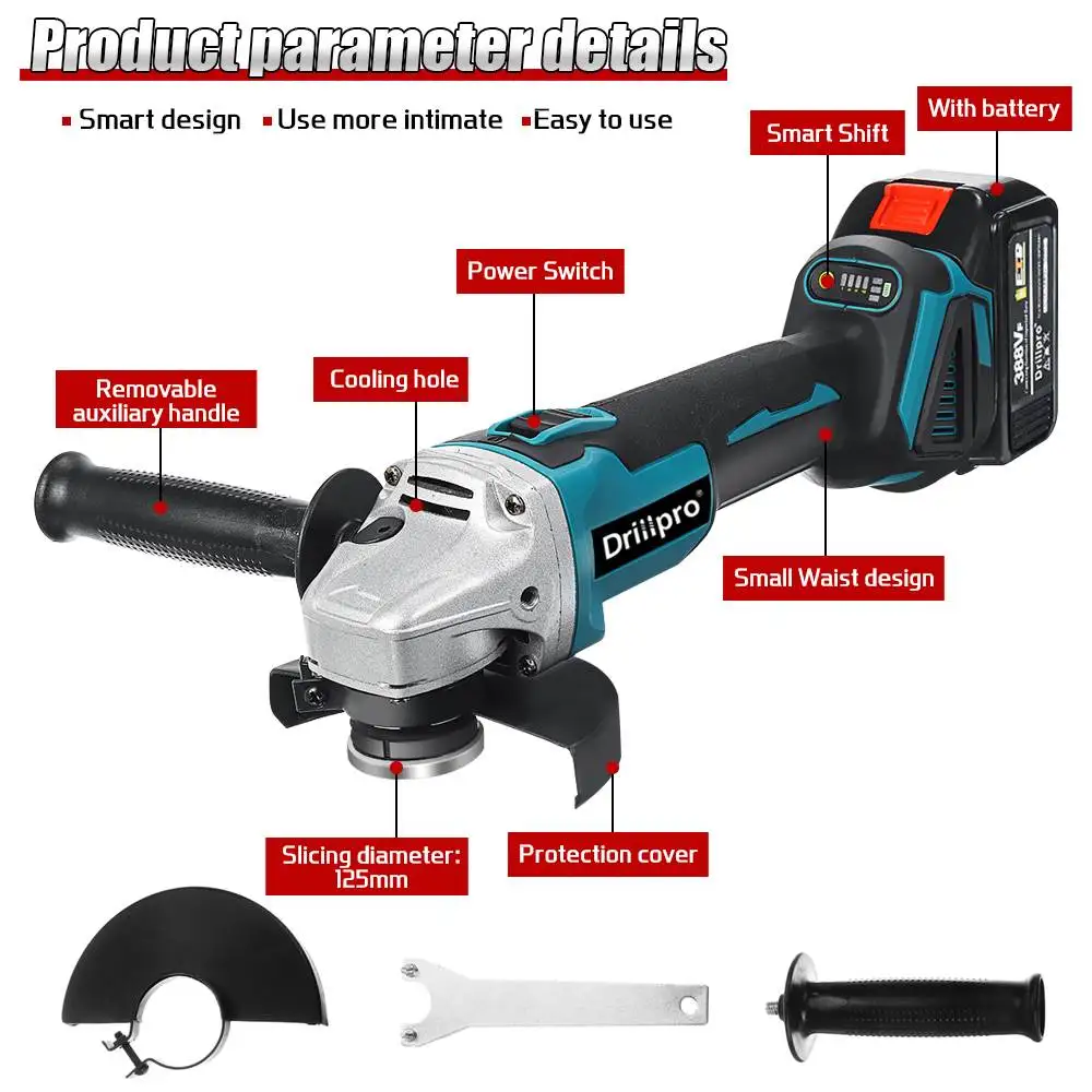 Imagem -03 - Drillpro 125 mm M14 Brushless Ângulo Moedor Elétrico Máquina de Corte com Bateria de Lítio-íon Ferramenta Elétrica para Makita 18v Bateria
