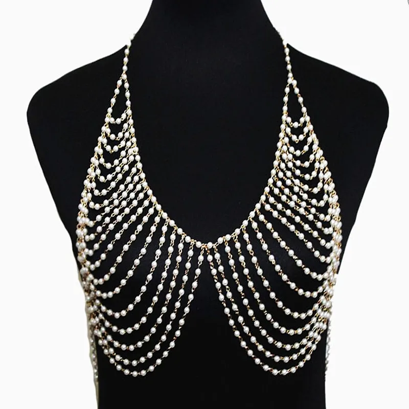 

Women Pearls Bra Body Chain Necklace Jewelry Harness Sexy Accessories Women Fashion Full Female Body Chains Jewelry