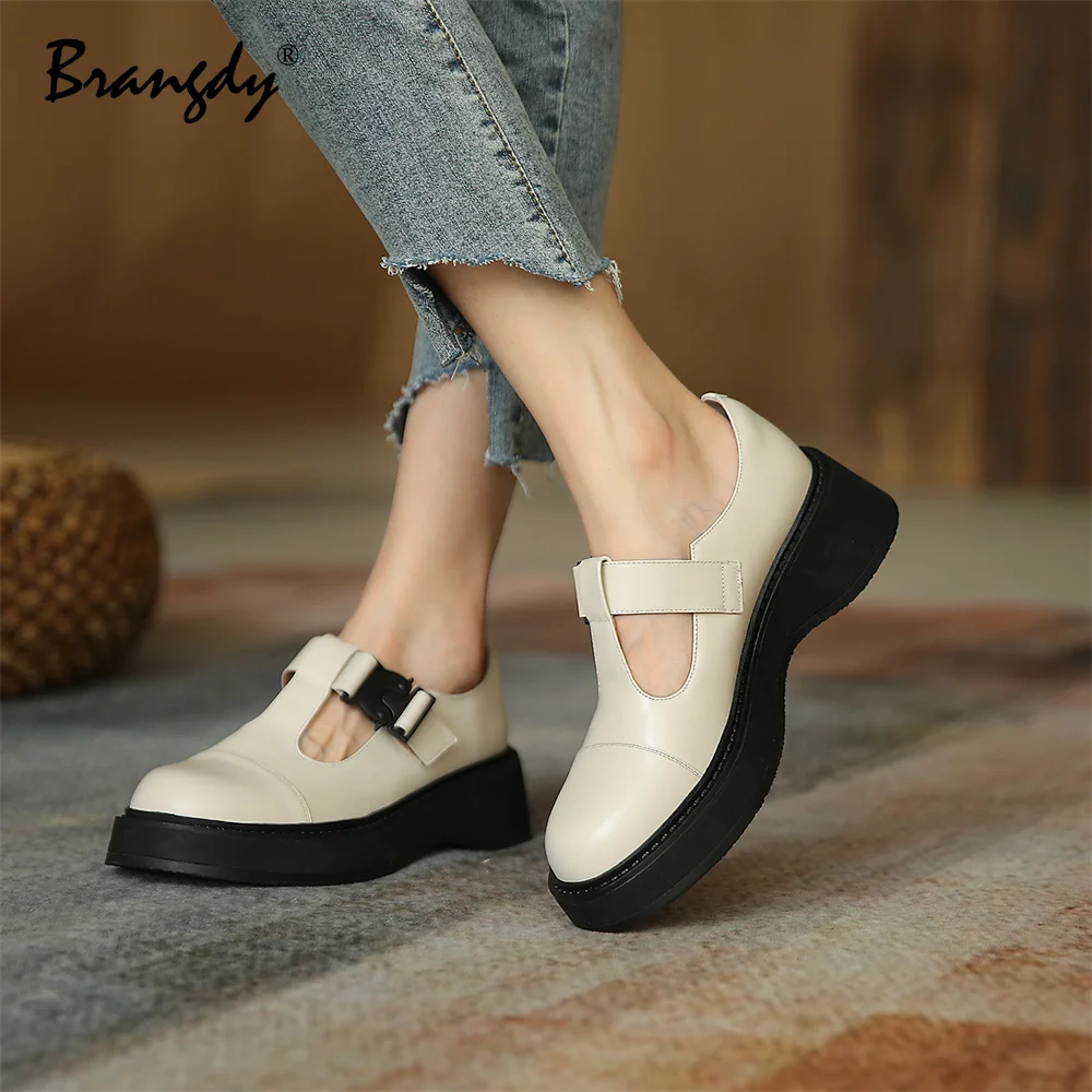 Brangdy 2022 Women Shoes Genuine Leather Lolita Wedges Women Marry Jane Shoes Metal Decoration Round Toe Ladies Shoes Platform