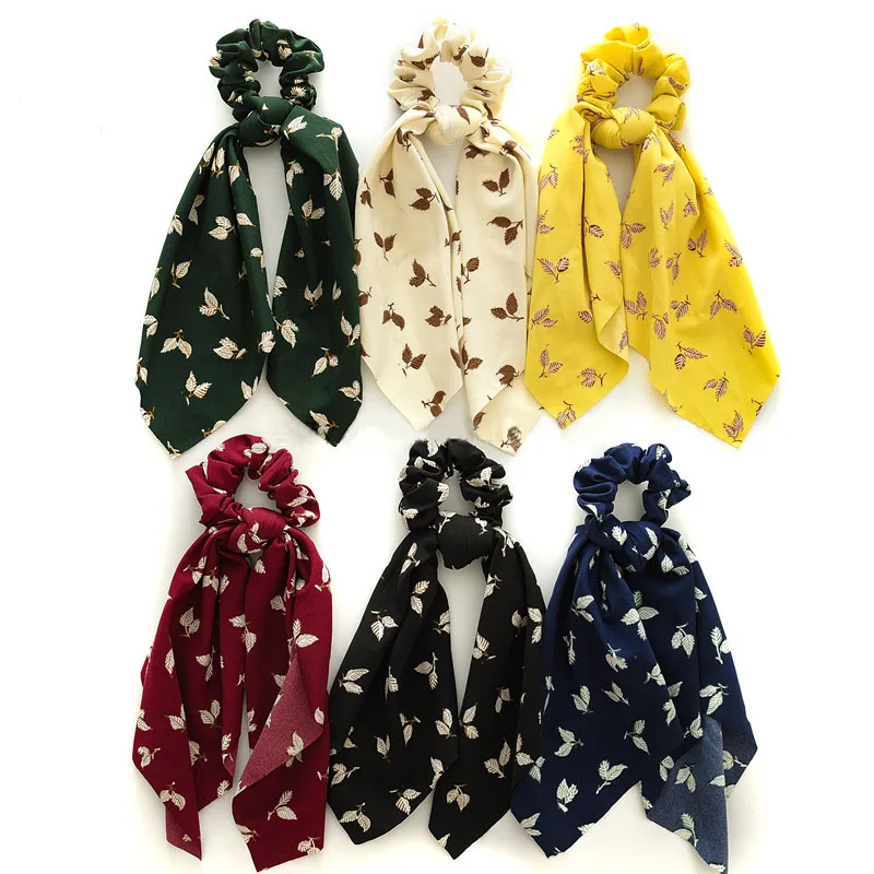 6PC/lot Printed Leaves Long Streamers Scrunchies Hair Ponytail Holder Elastic Tie Hair Bands wholesale