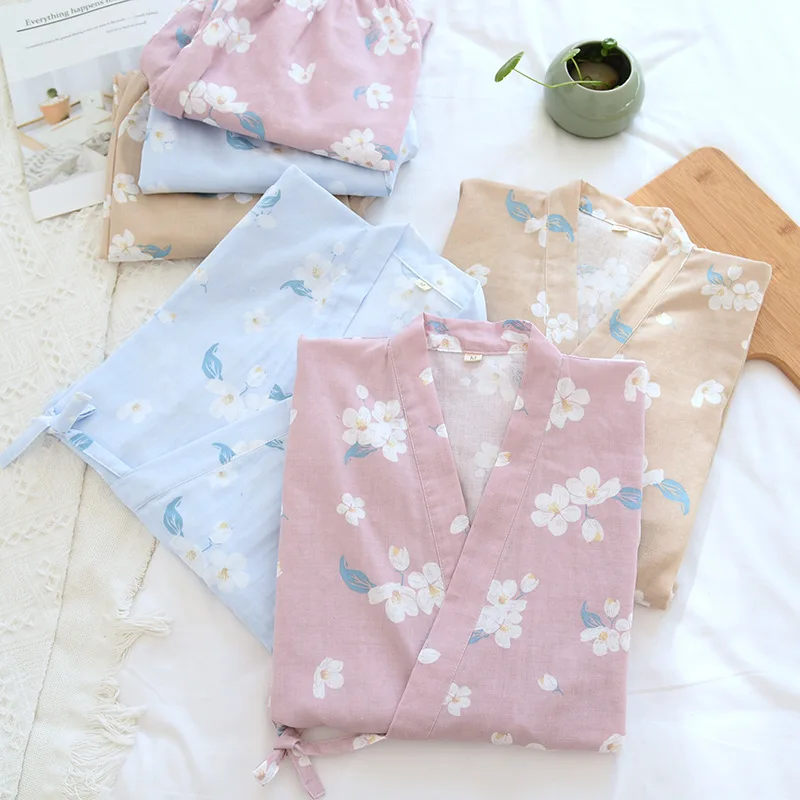 Japanese Ladies Kimono Pajamas  Spring Thin Cotton Gauze Sleepwear V-Neck Floral Printing Lounge Wear Thin Loose 2 Piece Set