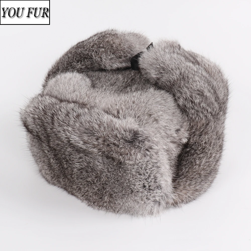 

Handmade Men Winter Real Rabbit Fur Bomber Hat Outdoor Super Warm 100% Natural Rabbit Fur Hats Full Pelt Genuine Rabbit Fur Cap