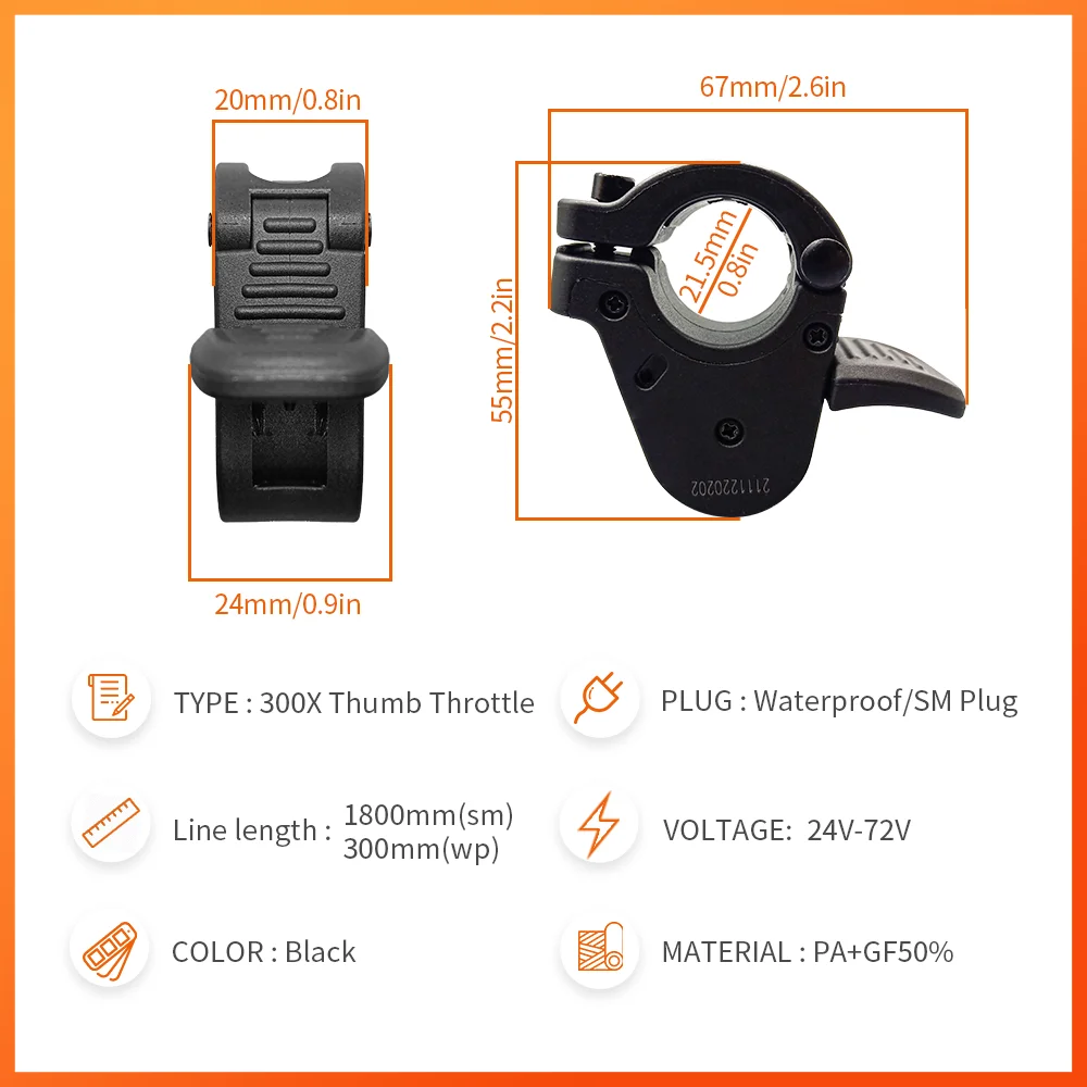 Ebike Thumb Throttle WUXING 300X Right/Left Hand Throttle for 24V 36V 48V 72V Electric Bicycle Accelerator