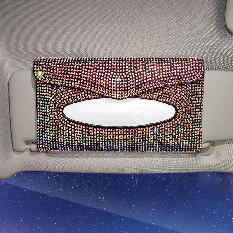 Rhinestone Tissue Box Car Sun Visor Type Crystal Tissue Box Holder Luxury Tissue Cover Car Assessoires Interior for Women