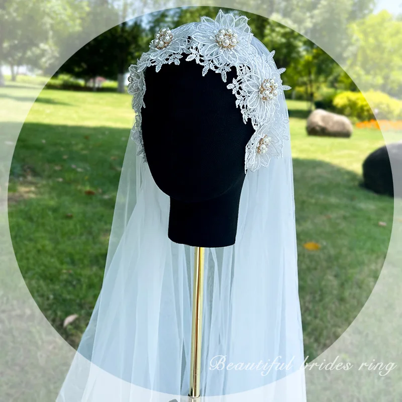 Bridal Veil short Single-layer Satin Pearl Cloth Edging Round Wedding Dress Headdress White New design veil 2021