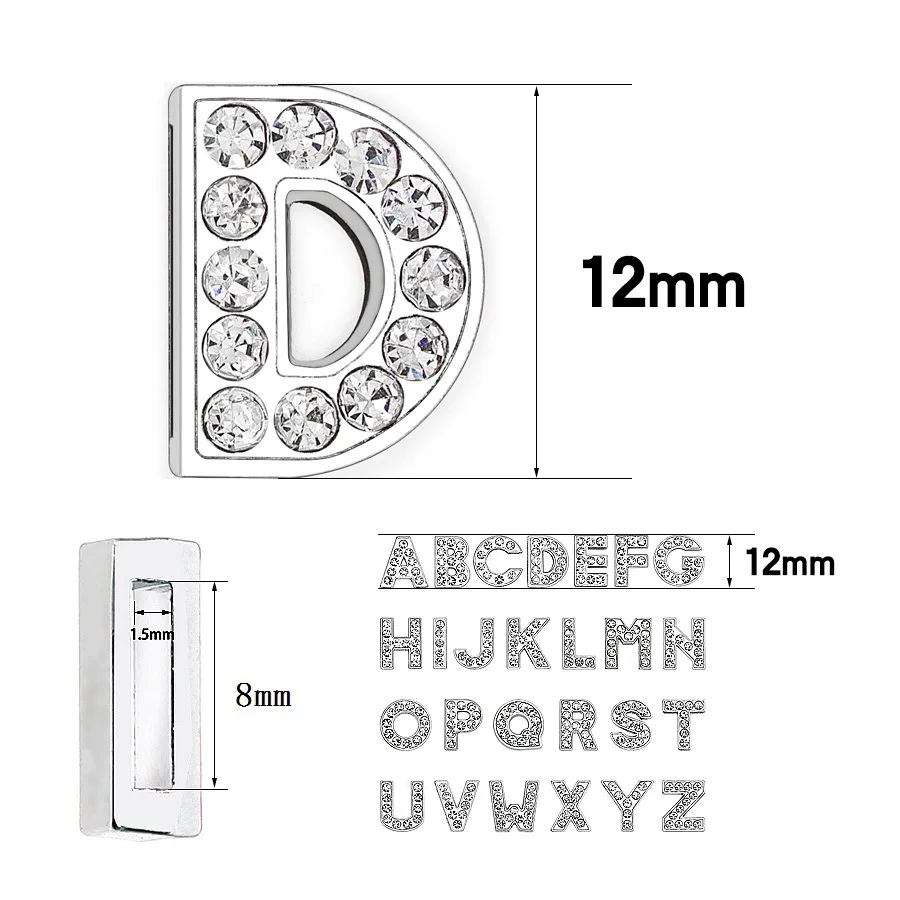 10 Pieces Internal Dia 8mm DIY Slide Charm Silver Color Rhinestone English Letters Alphabet Fit 8mm Wide Belt Pet Collar