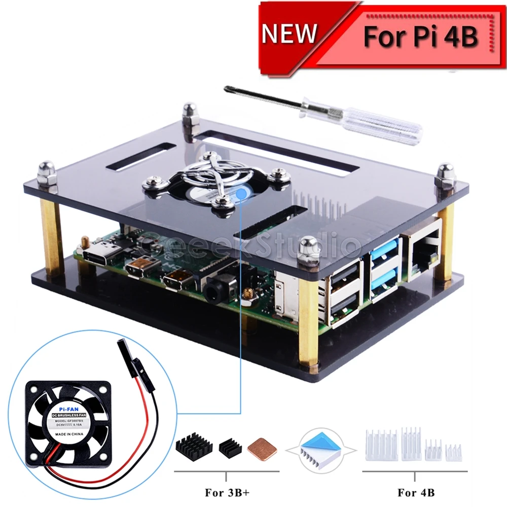 Raspberry Pi 4 Model B Case , Clear/Dark Brown Acrylic Shell with Cooling Fan for RPI 4B / 3B+ / 3B /2B Dev Board