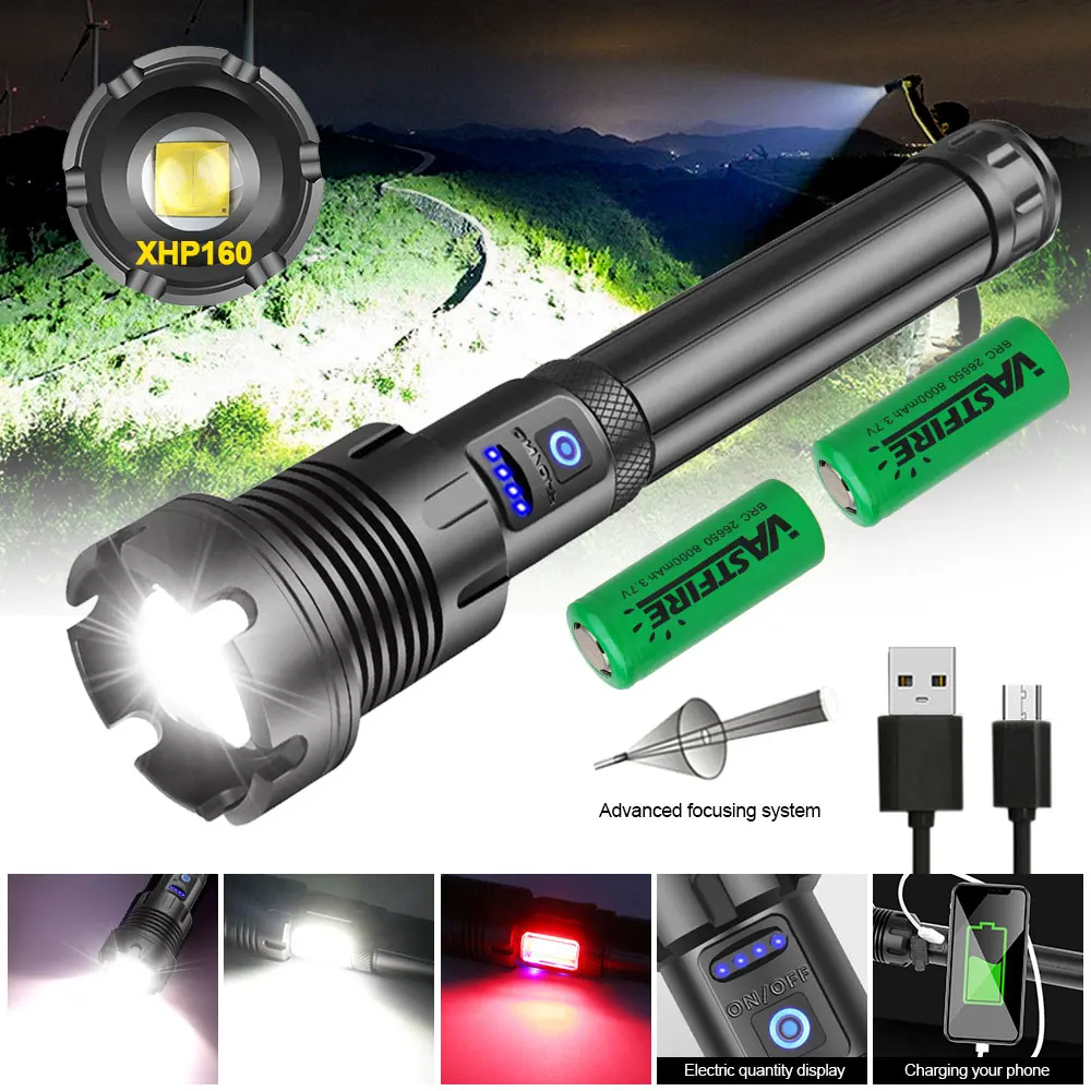 2800LM XHP160 30W Zoomable Tactical Flashlight Side COB LED Light USB Rechargeable Waterproof Hunting Gare Lantern For 18650