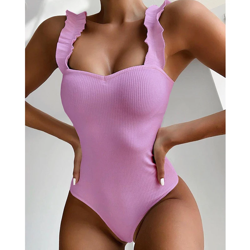 2023 New Sexy One Piece Swimsuit Women Wood Ear Ruffle Swimwear Push Up Monokini Bathing Suits Summer Beach Wear Swimming Suit