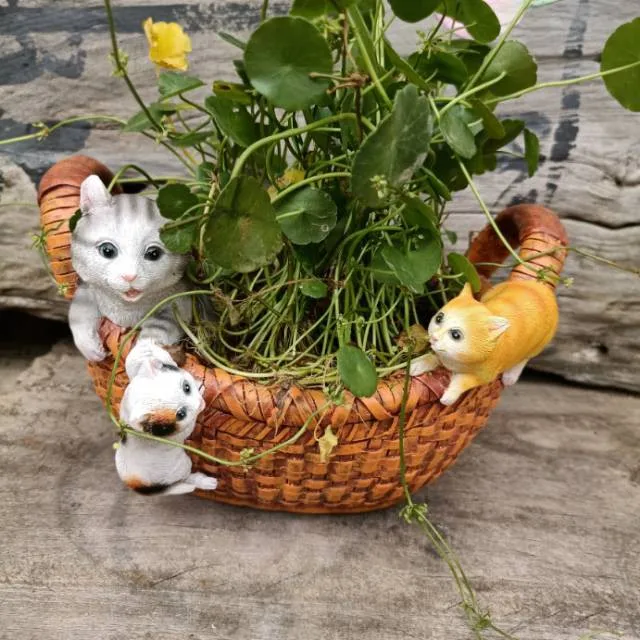 Pastoral Coin Grass Leaf Cat Duck Woven Basket Flower Pot Resin Ornaments Courtyard Garden Lndscape Figurines Decoration Crafts