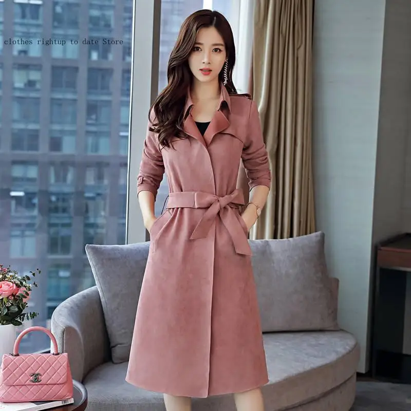 Khaki Red Pink Large Size Faux Suede Coat Autumn Spring Long Faux Leather Suede Trench Women  Fall Ladies Korean