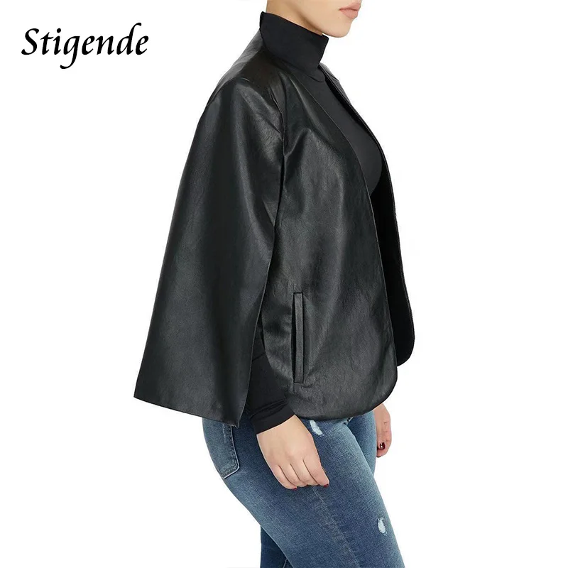 Stigende Sexy Faux Leather Black Cape Blazer Women Casual Pu Leather Blazer Jacket Autumn Elegant Long Sleeve Blazer Top