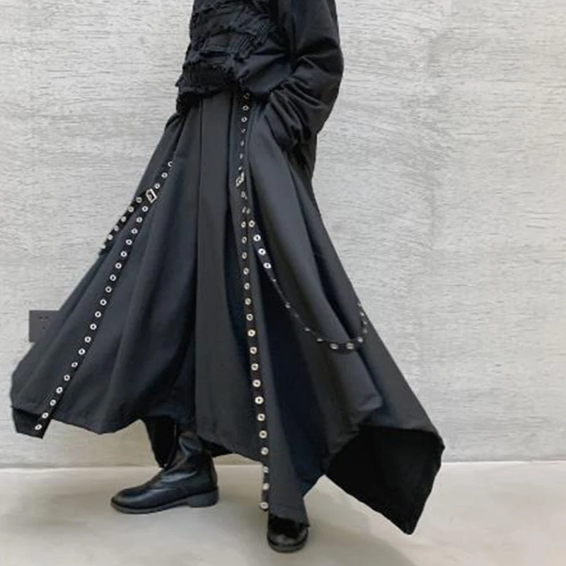 Men's trousers spring ribbon black wide-leg trousers men's loose bell-bottom trousers nine minutes culottes punk Gothic trend