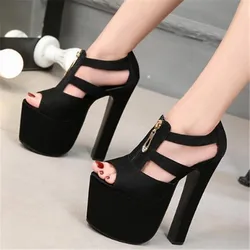 Fashion Solid Platform Platform Women Sandals Summer Shoes Waterproof Flock ZIP 17CM Thick High Heels Peep Toe womens shoes