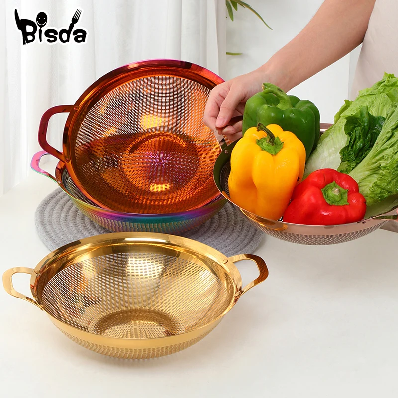 Stainless Steel Drain Basket Rice Strainers Gold Fruit Colander Rice Mesh Filter Vegetable Basket With Handle Kitchen Tool