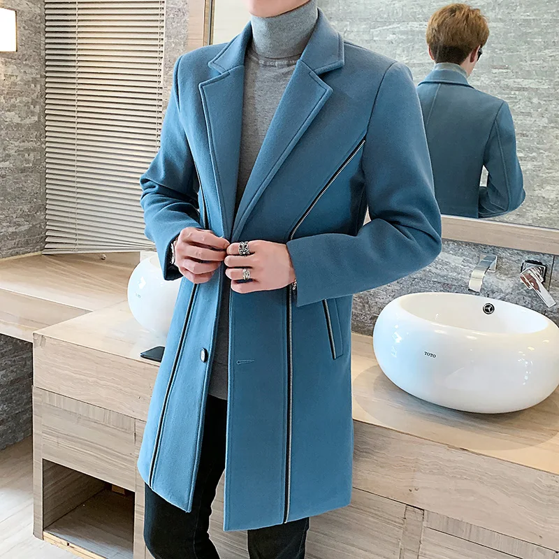 Elegant Sky Blue Man Coats Long Jackets Mens Vintage Winter Long Trench Coats Slim Fit Retro British Woolen Overcoat White Khaki