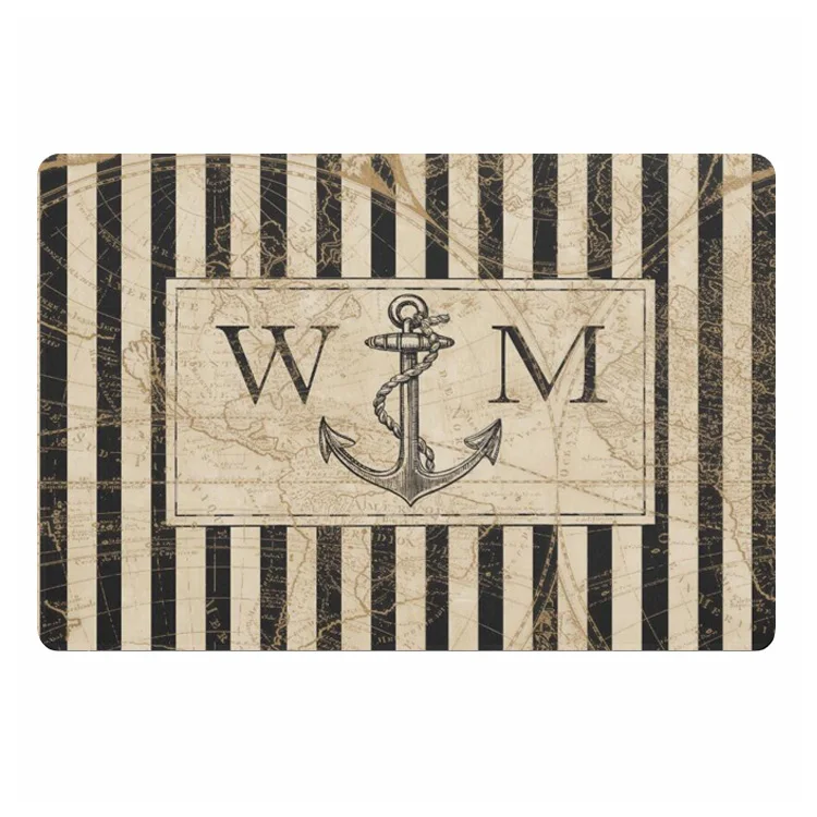 Vintage Old World Map Nautical Anchor Monogram Welcome Door Mat Retro Custom Initials Hallway Rubber Doormat Rug Carpet Washable