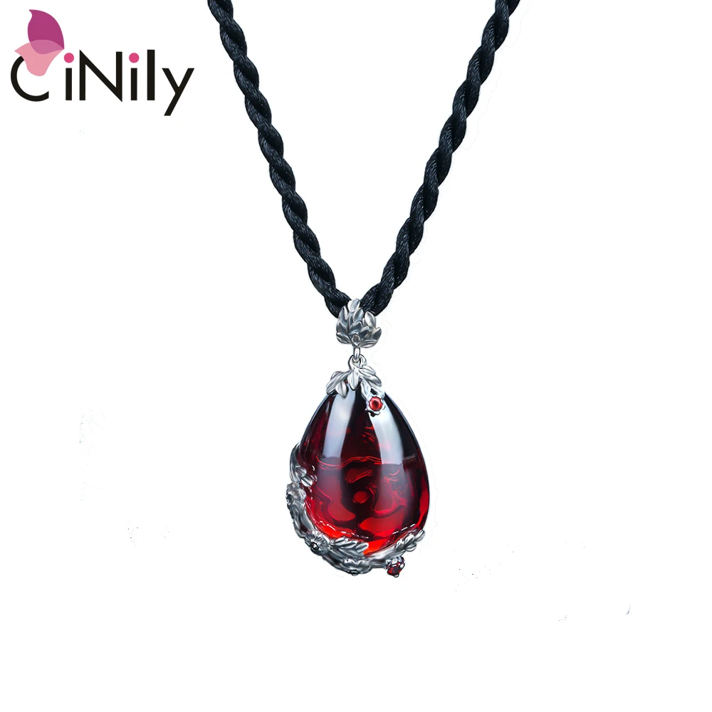 

CiNily Large Natural Stone Necklaces & Pendants Solid Silver Plated Oval Red Garnet Black Thread Vintage Woman Jewelry